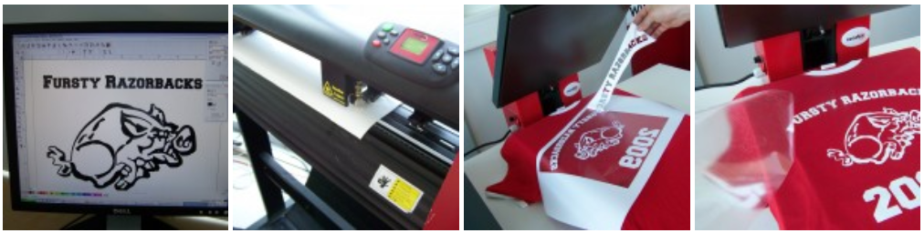 Flexdruck in 4 Schritten: Motiv am PC, Schneideplotter, Transferpresse, Abziehen der Trägerfolie. Weißer Druck auf rotem Shirt