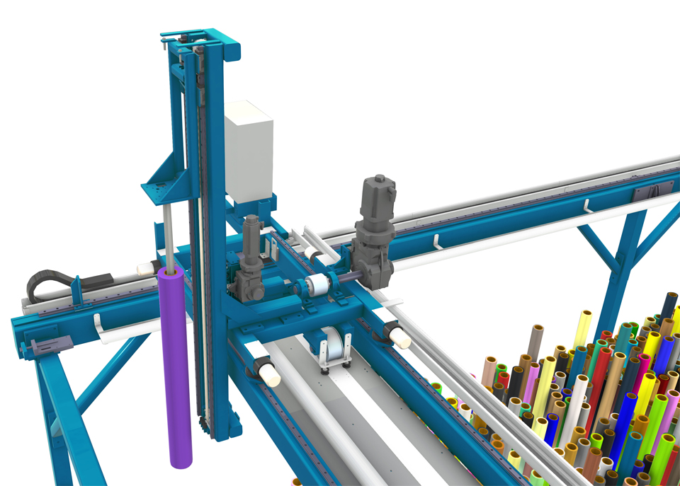 3D-Modell des NEPATA-Folienlagers: blauer Portalroboter hält mit Winkelgreifer eine violette Rolle, daneben vertikal gelagerte bunte Folienrollen