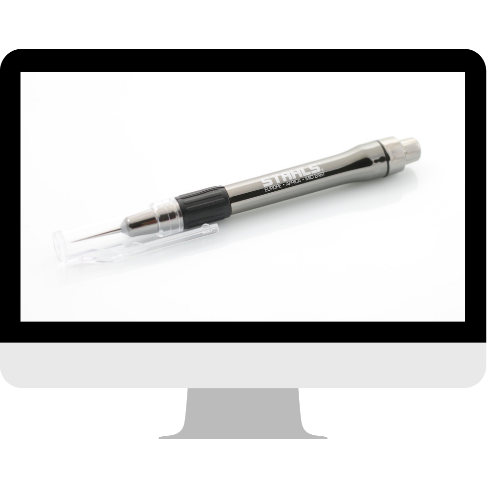 Entgitterstift von Stahls mit feiner Nadelspitze, schwarzem Griffbereich und transparenter Schutzkappe, gezeigt auf einem Monitor
