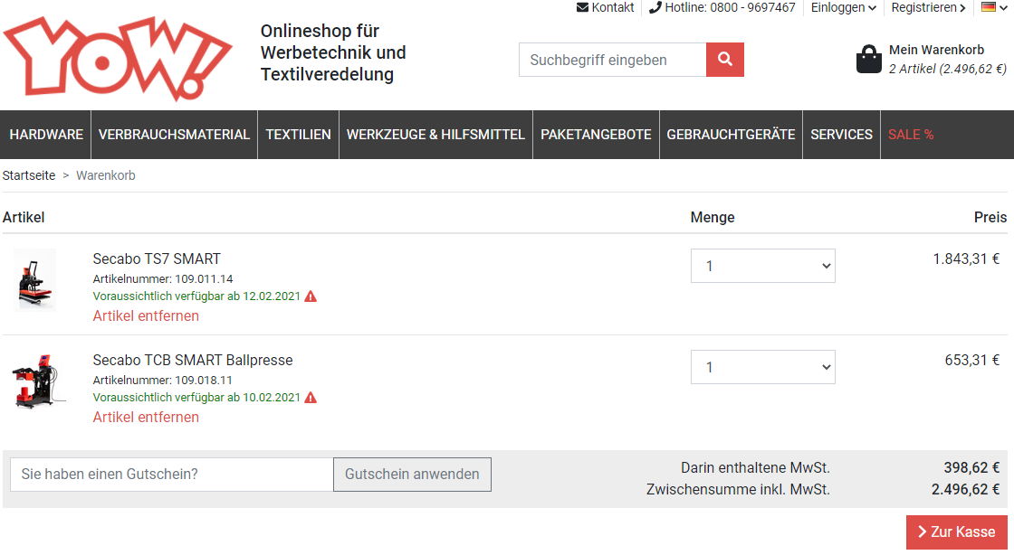 Warenkorb im YOW-Shop mit zwei Secabo-Pressen, Zwischensumme 2.496,62 €, unten rechts der rote Button Zur Kasse für Schritt 2