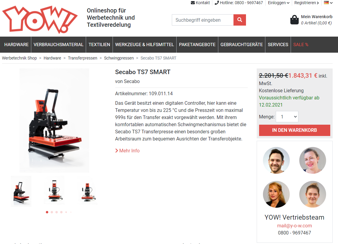 Schritt 1: Produktseite der Transferpresse Secabo TS7 SMART im YOW!-Shop mit Preis 1.843,31 € und rotem Button In den Warenkorb