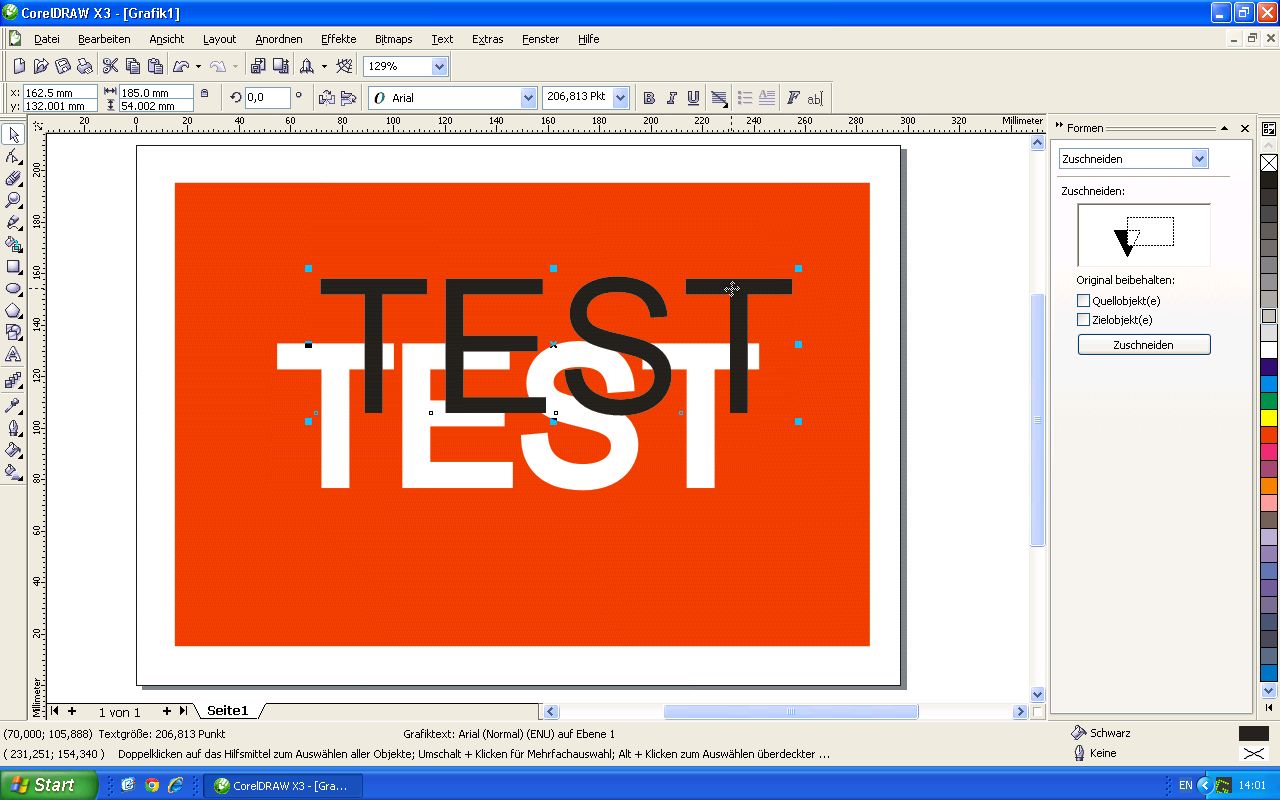 CorelDraw X3: schwarzer Text TEST verschoben, darunter weiß ausgestanzte Buchstabenform im roten Hintergrund, Formen-Fenster Zuschneiden