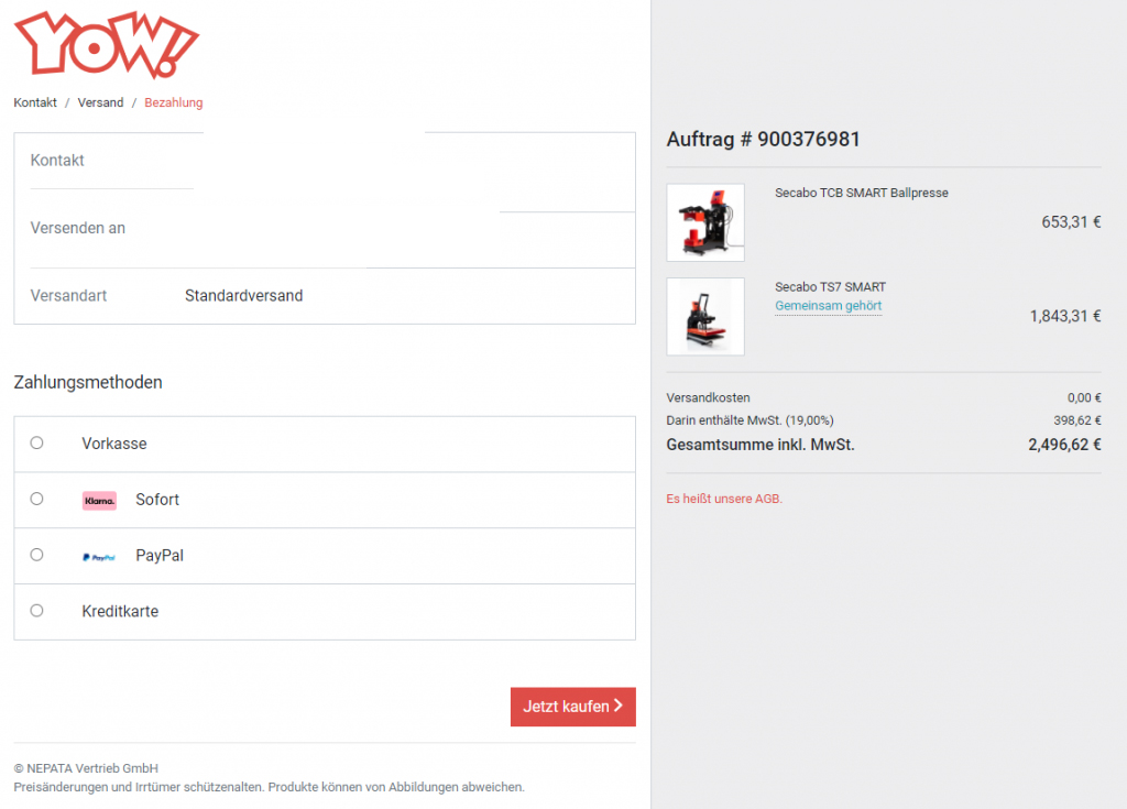 YOW-Kasse im Schritt Bezahlung: Auswahl zwischen Vorkasse, Sofort, PayPal und Kreditkarte, darunter der rote Button Jetzt kaufen