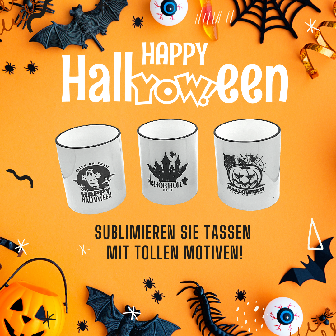 Drei weiße Subli-Tassen mit Halloween-Motiven Geist, Spukschloss und Kürbis auf orangem Grund, Text: Sublimieren Sie Tassen mit tollen Motiven!