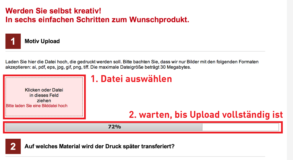 Screenshot YOW! Shop, Schritt 1 Motiv Upload: markiertes Feld zur Dateiauswahl und Fortschrittsbalken bei 72 %, Upload bis zum Ende abwarten