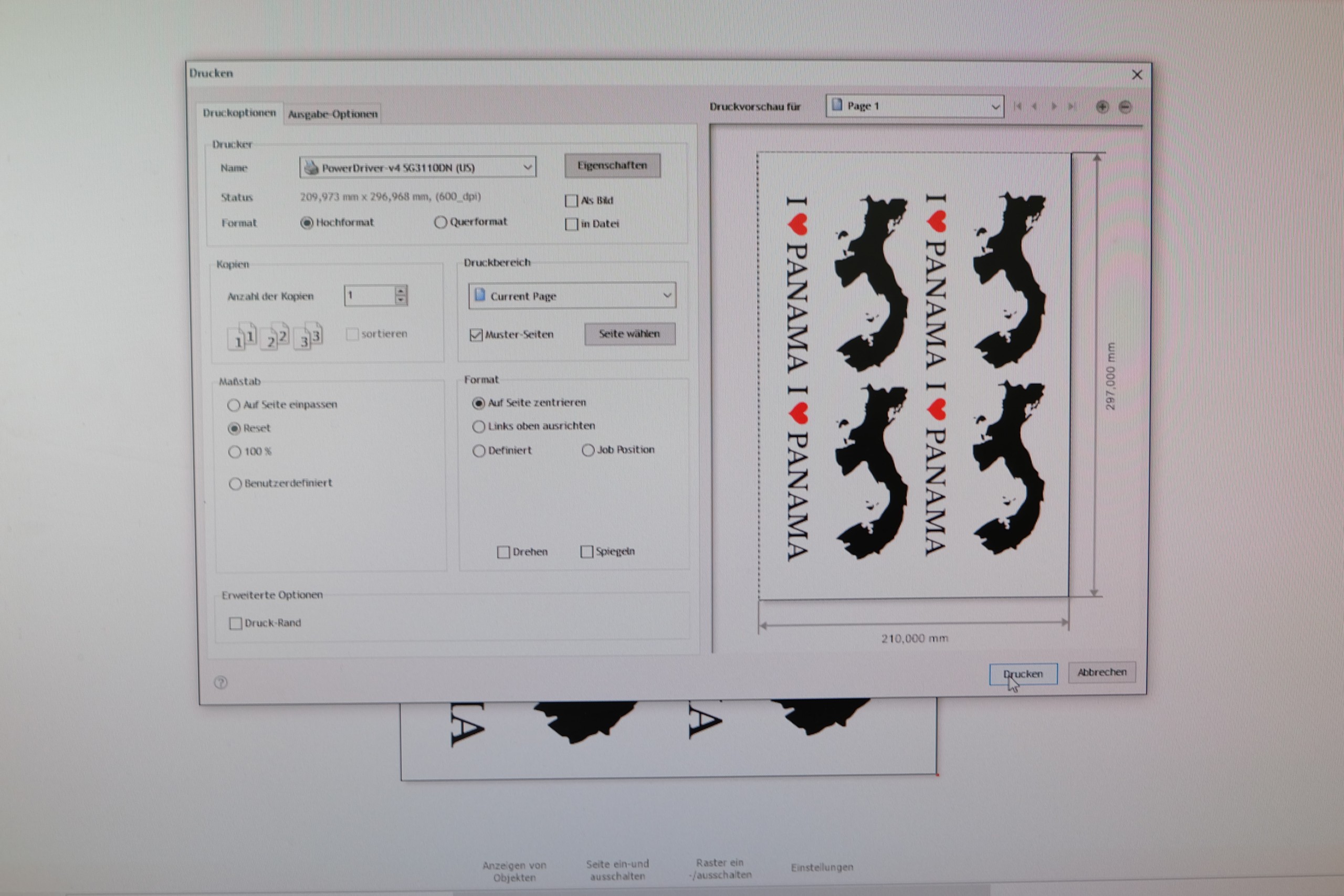 Druckdialog mit PowerDriver für Ricoh SG3110DN, Vorschau zeigt A4-Bogen mit I-love-Panama-Motiven und Panama-Silhouetten
