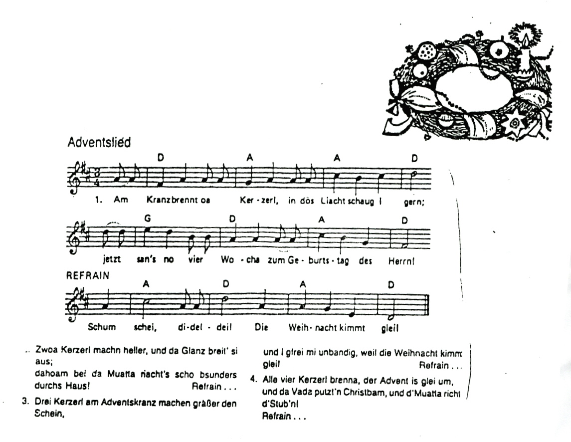 Gescannte Noten des steirischen Adventslieds Am Kranz brennt oa Kerzerl mit Akkorden, Refrain, vier Strophen und Adventskranz-Zeichnung