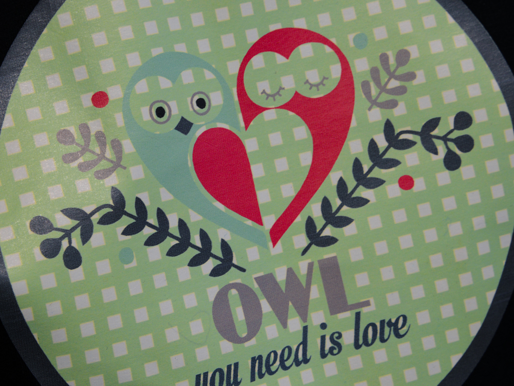 Inkjet-Flex-Transfer auf dunklem Textil: rundes Motiv mit zwei Eulen in Herzform und Schriftzug OWL you need is love in kräftigen Farben