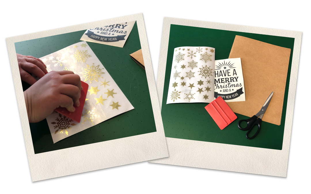 Rakel streicht Übertragungsfolie auf goldene Sterne und Schneeflocken, daneben Merry-Christmas-Motiv, Schere und Kraftpapier