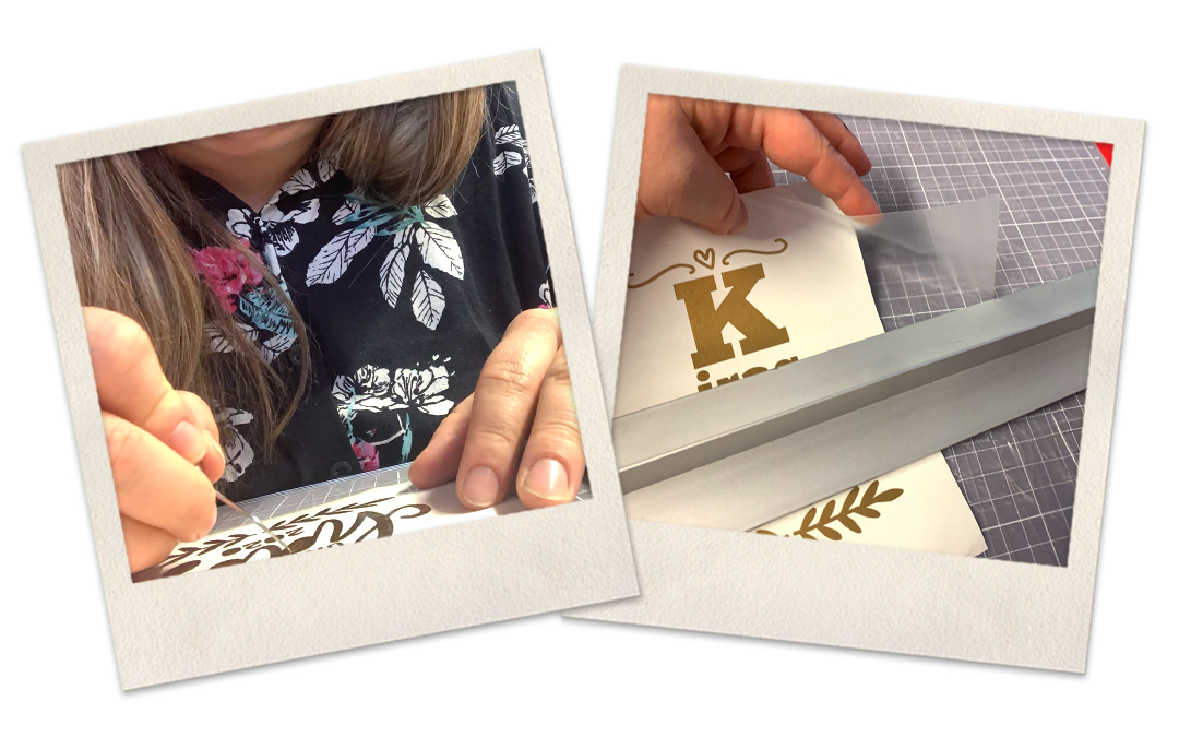Zwei Fotos: Frau entgittert filigranes Folienmotiv mit einem Haken, daneben wird Übertragungsfolie auf ein goldenes Motiv mit K aufgebracht