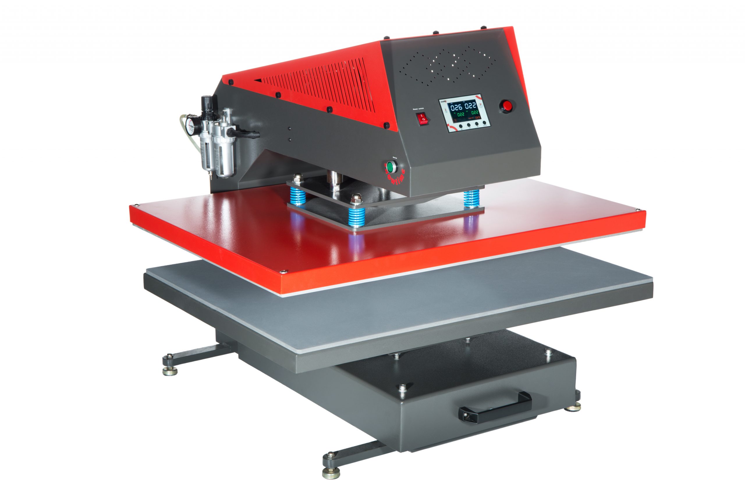 Pneumatische Transferpresse Secabo TP10 mit großer roter Heizplatte, grauer Arbeitsfläche, digitalem Controller und Druckluft-Wartungseinheit