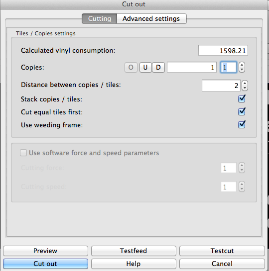 Dialogfenster Cut out der Schneidesoftware mit aktivierter Option Use weeding frame zum Setzen von Entgitterrahmen