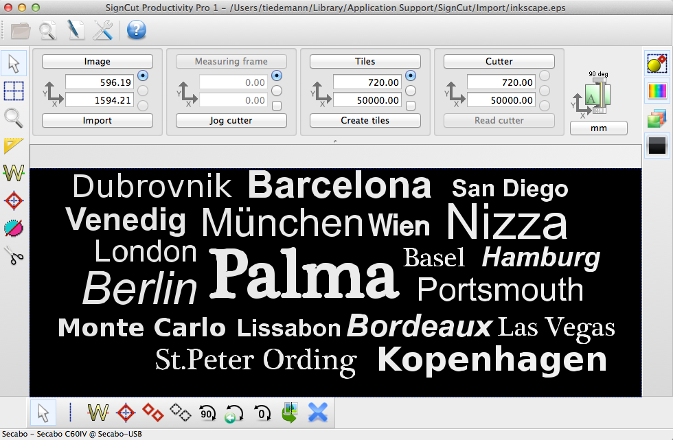 SignCut Pro mit importiertem Wandtattoo-Motiv: Städtenamen wie Palma, Berlin und Nizza, bereit zum Schneiden auf dem Secabo-Plotter