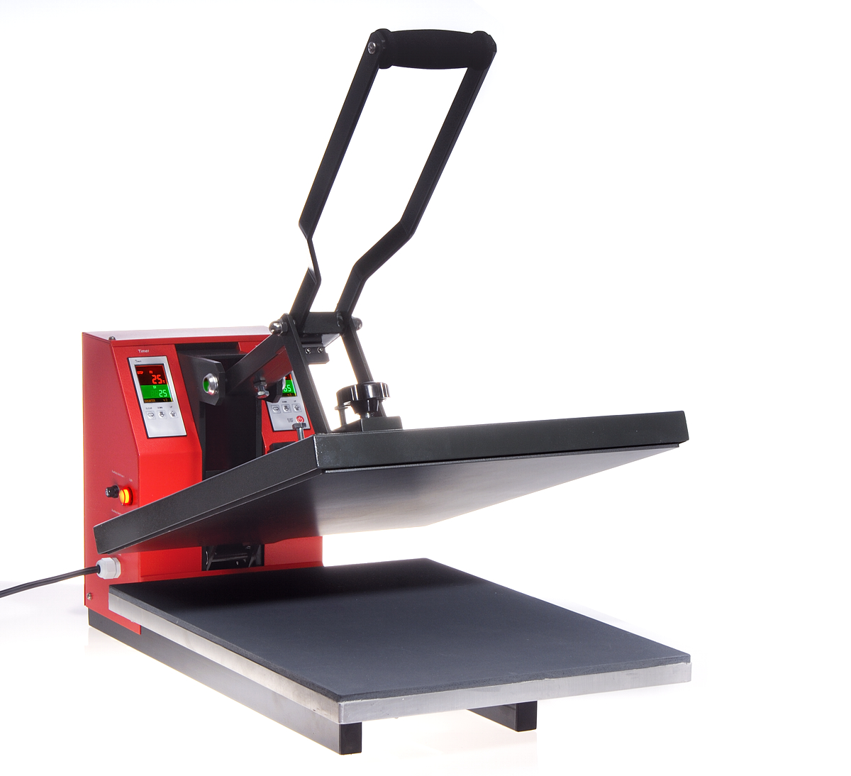 Transferpresse Secabo TC 7 mit rotem Gehäuse, digitaler Zeit- und Temperaturanzeige, geöffneter Heizplatte, Hebelgriff und Unterplatte