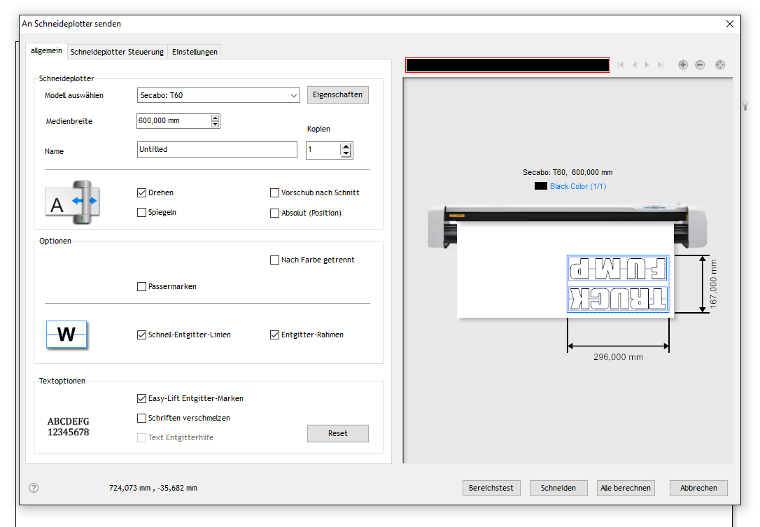 DrawCut PRO: Dialog An Schneideplotter senden mit Secabo T60 und Vorschau des gedrehten Schriftzugs TRUCK FUMP in 296 x 167 mm