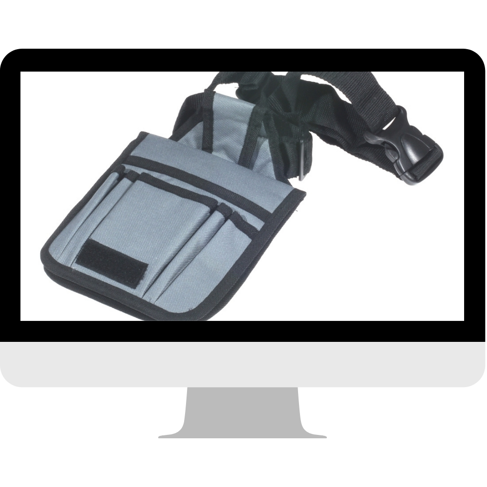 Graue Gürteltasche für Werbetechniker mit mehreren Fächern für Verklebe-Utensilien, schwarzem Gurt und Steckschnalle, auf Monitor-Grafik
