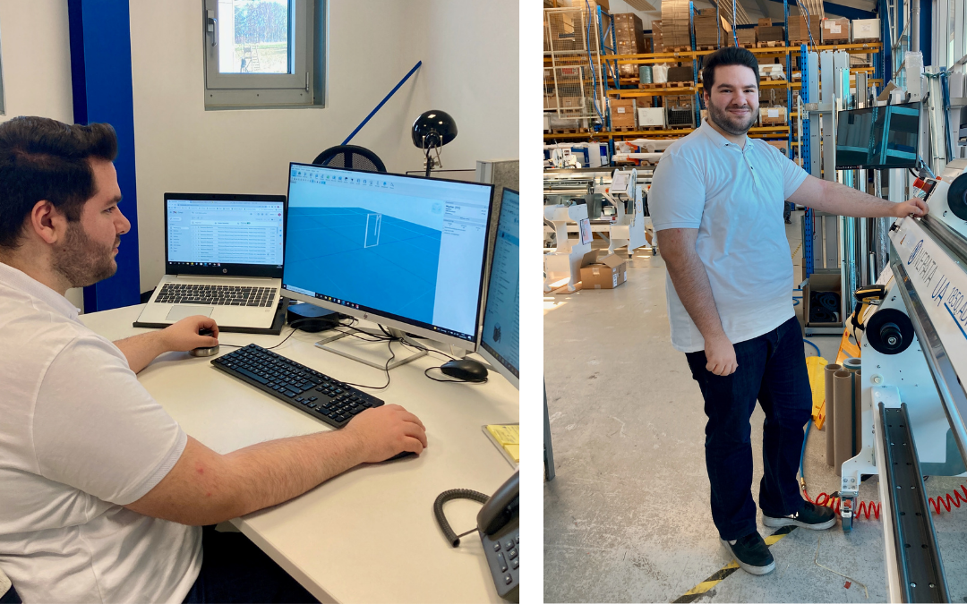 Neuer Kollege Burak links am Schreibtisch mit 3D-Software, rechts lächelnd an einer Maschine in der Produktionshalle