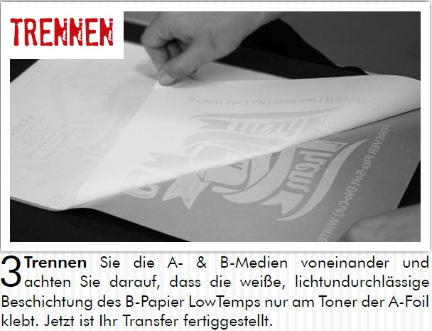 Schritt 3 Trennen: Hand zieht A-Foil vom B-Papier ab, weiße Beschichtung haftet nur am Tonermotiv – der Transfer ist fertig