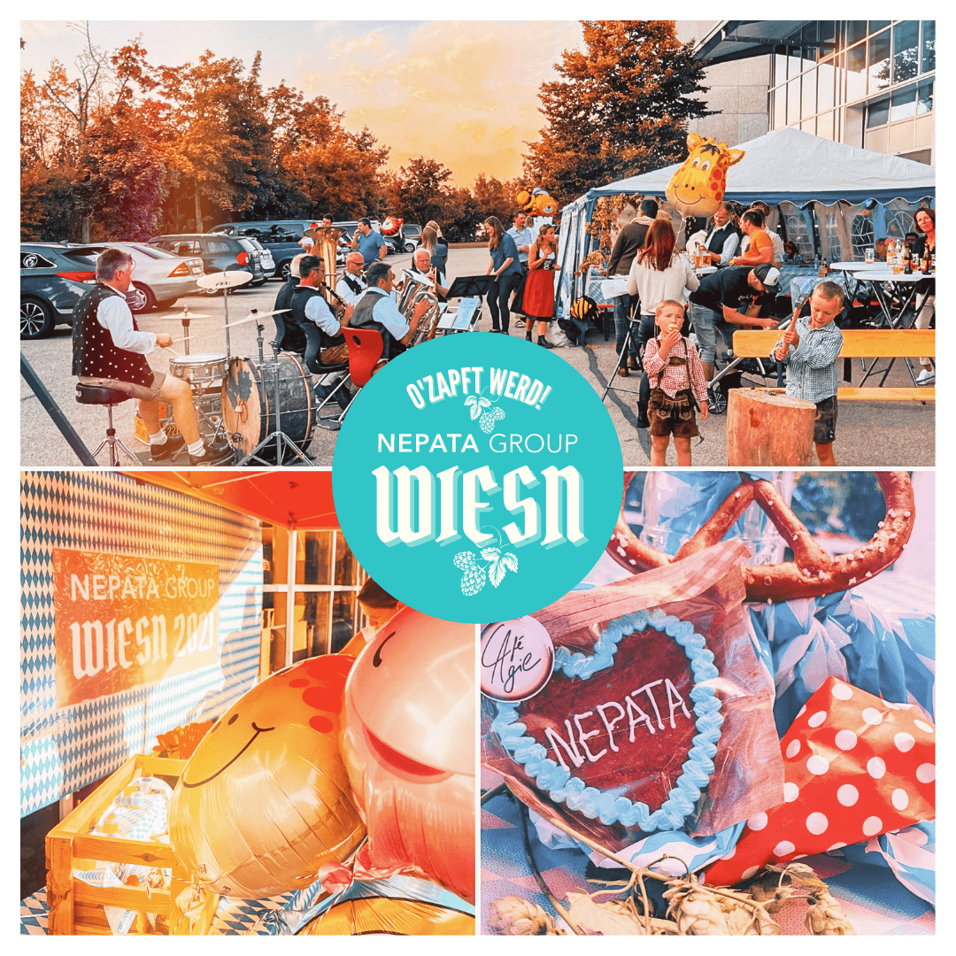 Collage of the Nepata Wiesn 2021: brass band, children in traditional dress taking part in the nail-driving competition, festival tent, banner with balloons and a gingerbread heart bearing the inscription ‘Nepata’