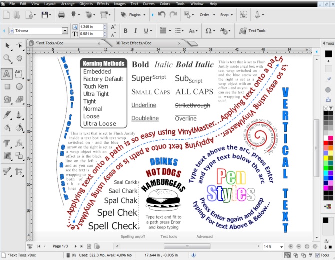 Screenshot der Plotter-Software VinylMaster mit Textwerkzeugen: Text auf Pfad und Bogen, vertikaler Text, Kerning- und Schriftstil-Optionen
