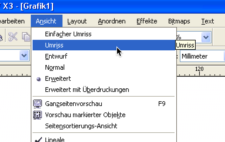 CorelDraw X3: Menü Ansicht geöffnet, Mauszeiger auf Umriss, aktiv ist noch Erweitert. Die Umrissansicht zeigt nur die Schnittlinien