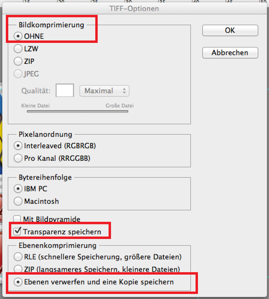 Dialog TIFF-Optionen in Photoshop: markiert sind Bildkomprimierung OHNE, Transparenz speichern und Ebenen verwerfen und eine Kopie speichern