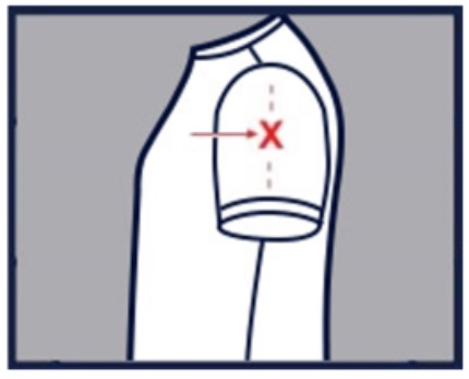Seitenansicht eines kurzärmligen T-Shirts: rotes X mit Pfeil markiert die Motivposition mittig auf dem Ärmel, eine gestrichelte Linie zeigt die Achse