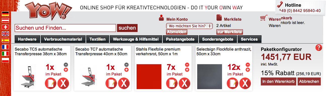 YOW!-Paketkonfigurator mit 2 Transferpressen und 2 Folien, Mengenwahl per Plus/Minus, Gesamtpreis 1451,77 EUR und 15% Rabatt