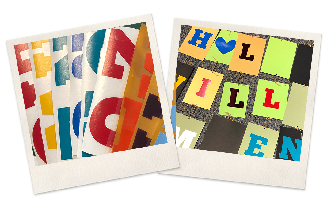 Zwei Fotos: ausgeschnittene Buchstaben aus bunter Selbstklebefolie und bunte Pappkarten mit Buchstaben und Herz, per Schnur zur Girlande verbunden