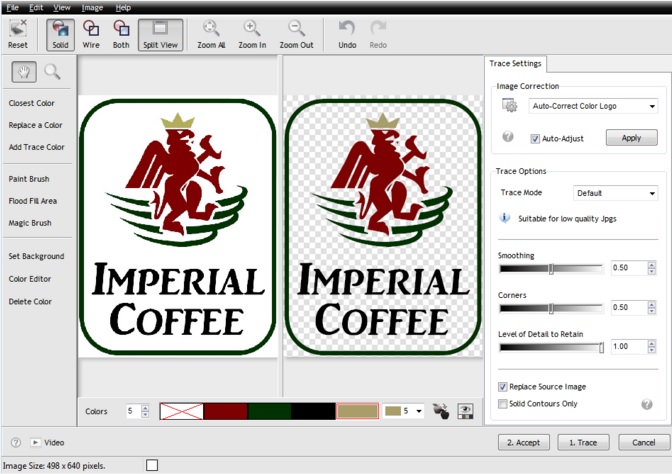 Vektorisierungssoftware mit Trace-Einstellungen: Imperial-Coffee-Logo links als Bitmap, rechts vektorisiert mit transparentem Hintergrund