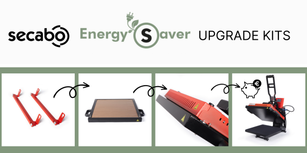 Secabo Energy Saver Upgrade Kit in vier Schritten: rote Halterungen, Heizplatte, Abdeckhaube, aufgerüstete Transferpresse mit Sparschwein-Symbol