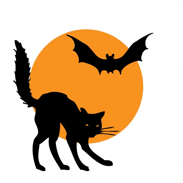 Schwarze Silhouetten einer Katze mit Katzenbuckel und einer Fledermaus vor orangem Vollmond, Motivvorlage für Halloween-Windlichter
