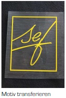 Gelbes FlexCut-X4-Motiv mit Rahmen und Schriftzug sef, mit der Transferpresse auf dunkles Textil übertragen