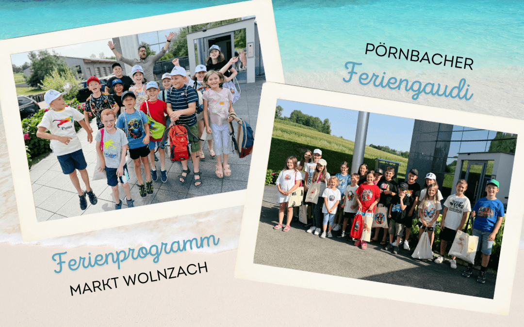 Collage: Groups of children taking part in the Markt Wolnzach holiday programme and the Pörnbach ‘Feriengaudi’ holiday fun event, wearing printed T-shirts and carrying canvas bags in front of the company building