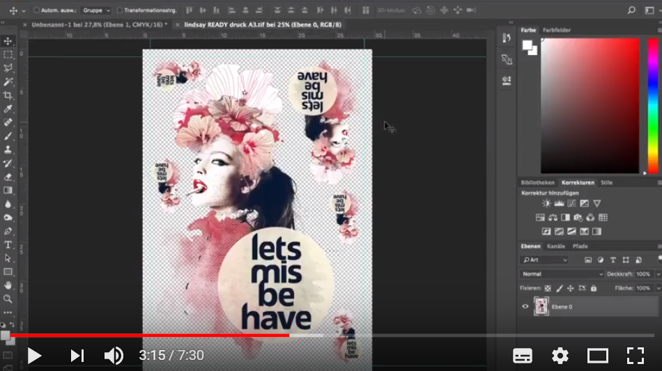 Videostandbild: READY-Transferbogen DIN A3 in Photoshop mit Frauenmotiv, Blüten und Schriftzug lets misbehave in mehreren Größen