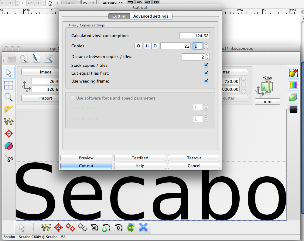 SignCut-Dialog Cut out mit Schneideoptionen, dahinter Schriftzug Secabo; Statusleiste zeigt Plotter Secabo C60IV an Anschluss Secabo-USB