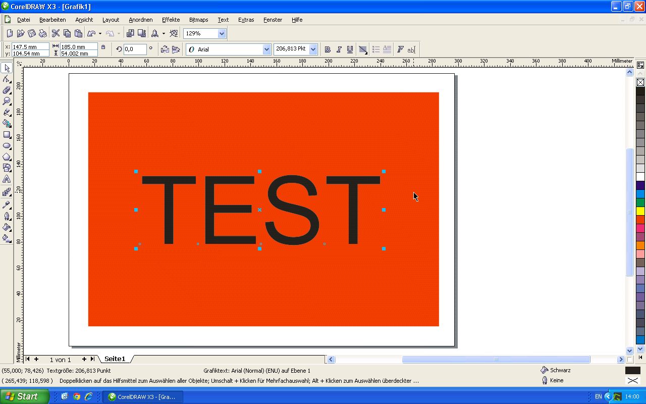 CorelDraw X3: rotes Rechteck ohne Kontur, darauf großer schwarzer Text TEST in Arial, markiert mit Auswahlpunkten – Schritt 3 der Anleitung