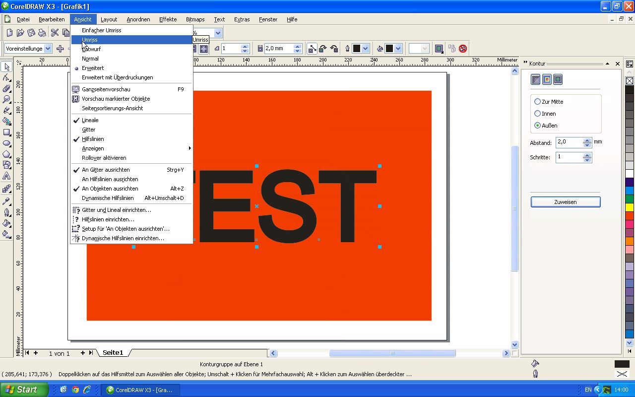 CorelDraw X3: geöffnetes Menü Ansicht mit markierter Option Umriss, dahinter Text TEST auf Rot und Konturfenster mit Außen, 2,0 mm, 1 Schritt