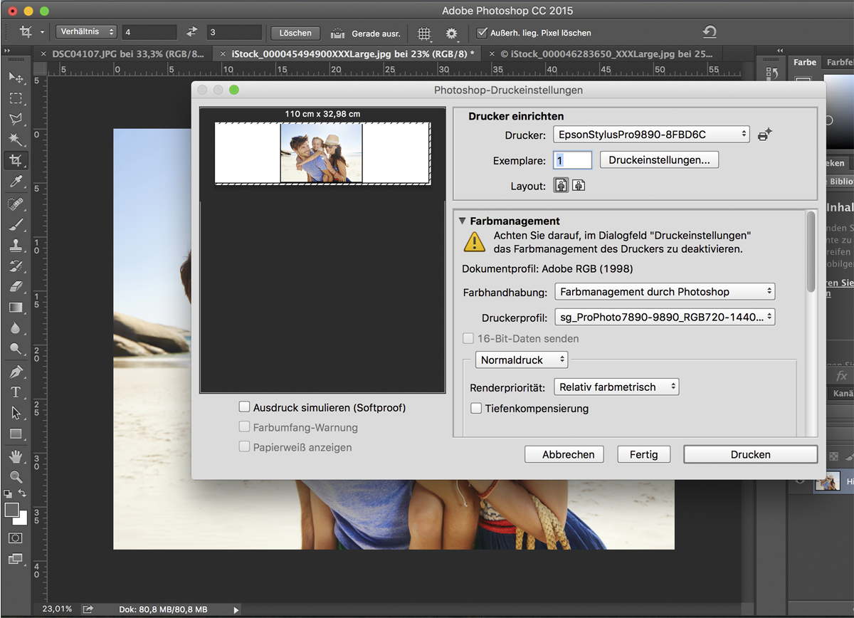 Photoshop-Druckeinstellungen für Familienmotiv: Epson Stylus Pro 9890, Farbmanagement durch Photoshop, Sawgrass-Profil, relativ farbmetrisch