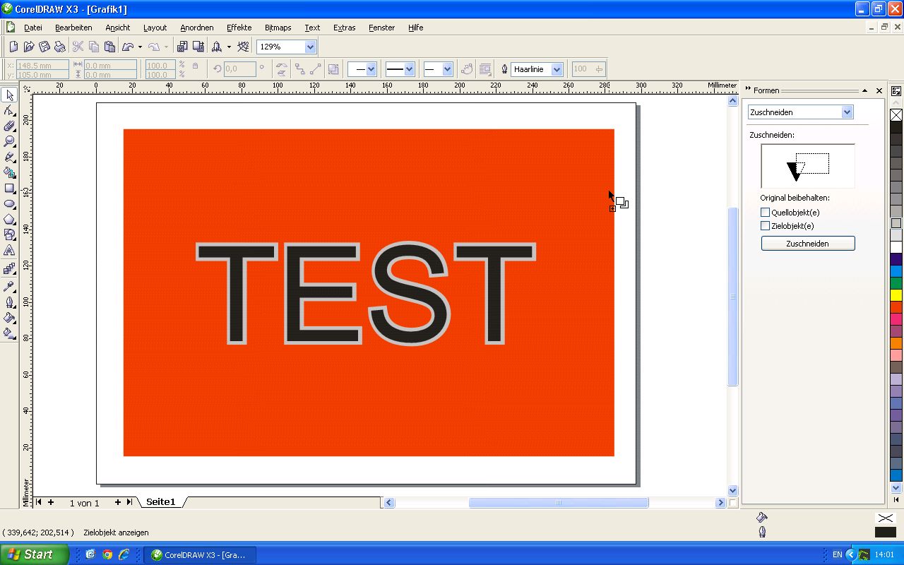 CorelDraw X3: Andockfenster Formen mit Zuschneiden, Häkchen bei Quell- und Zielobjekt entfernt, Mauszeiger vor rotem Hintergrund hinter Text TEST