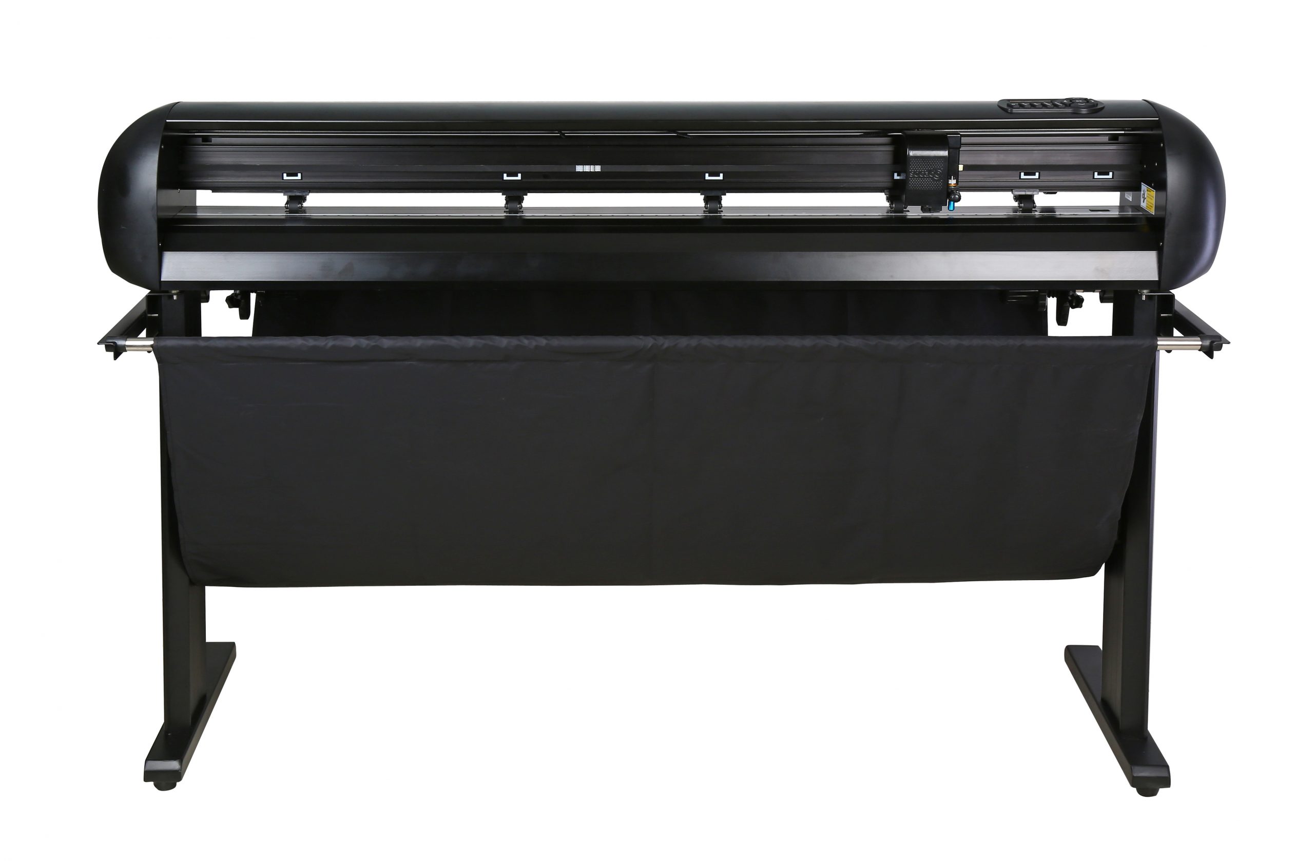 Schwarzer Schneideplotter Secabo S120 II mit Servomotor auf integriertem Standfuß, mit Andruckrollen, Schneidkopf und Medienauffangkorb aus Stoff