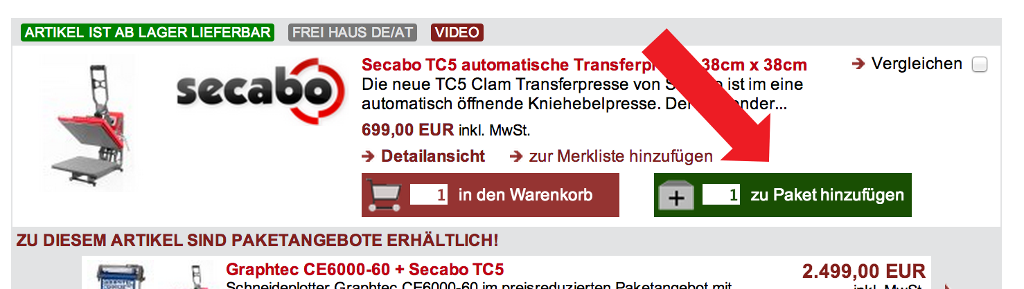 Shop-Ansicht der Secabo TC5 Transferpresse: roter Pfeil zeigt auf den grünen Button zu Paket hinzufügen neben dem Warenkorb-Button