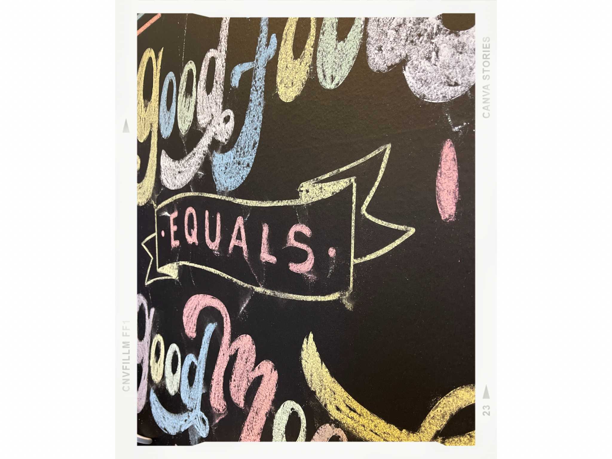 Tafelfolie mit bunter Kreideschrift Good Food equals Good Mood, per Schablone aus geplotteter Selbstklebefolie aufgetragen