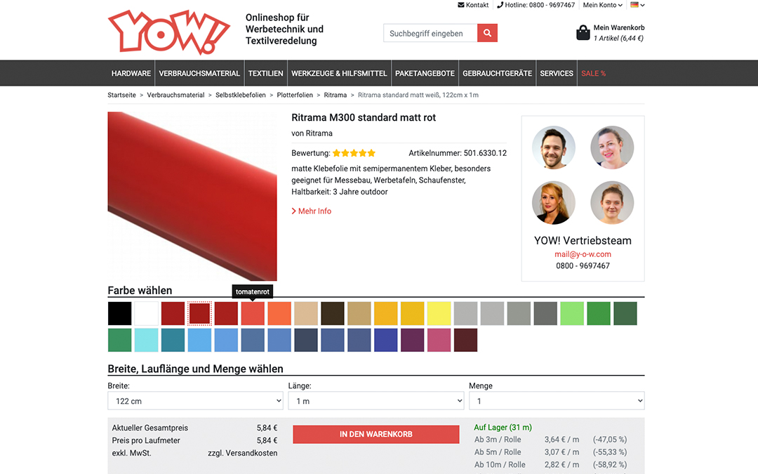 YOW! Shop: Produktseite der Selbstklebefolie Ritrama M300 matt rot mit Farbpalette, Auswahl von Breite 122 cm, Länge 1 m und Menge