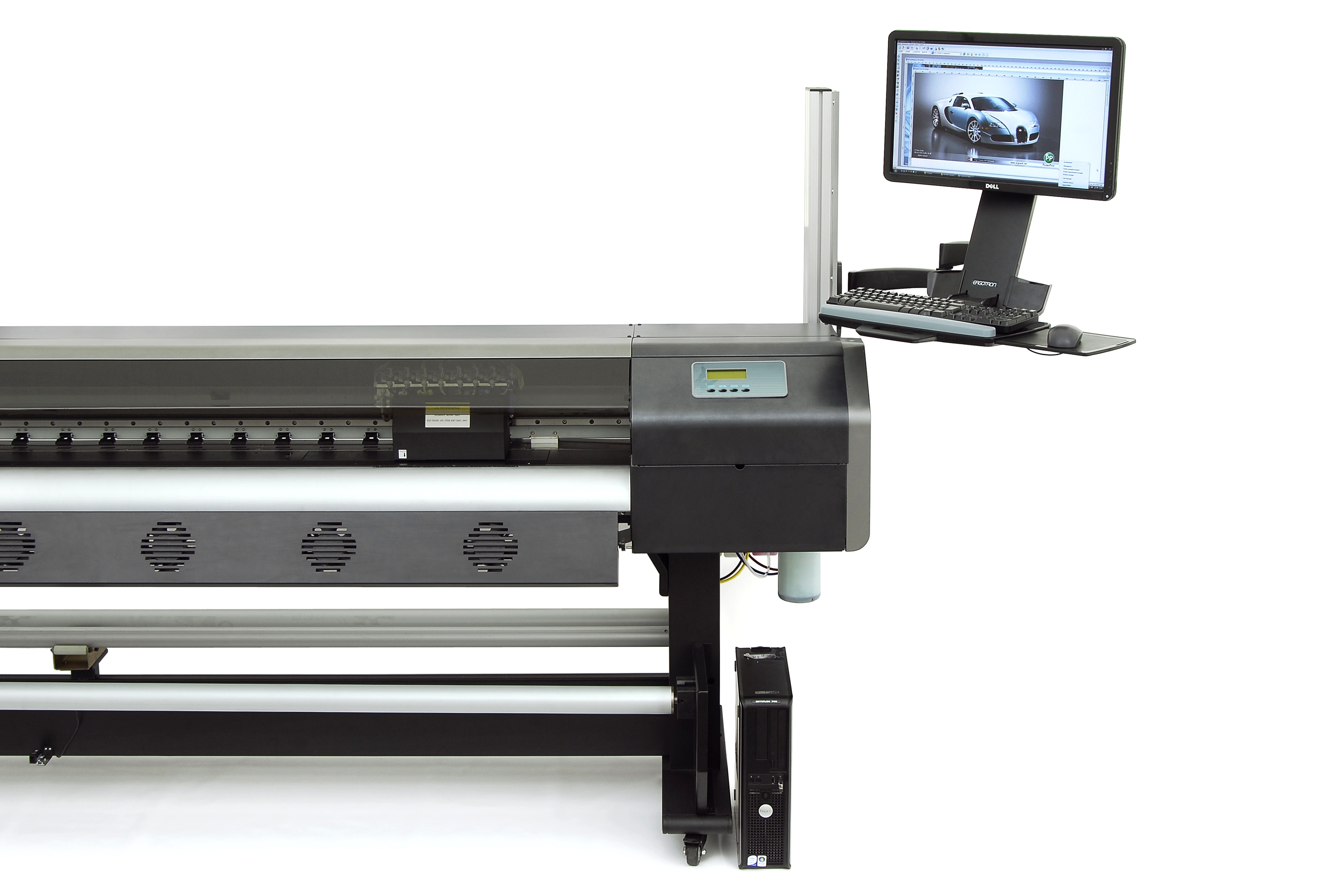Großformatdrucker der Secabo SP-Serie mit Bedienfeld, angebautem Monitor samt Tastatur auf Schwenkarm und Rechner am Standfuß