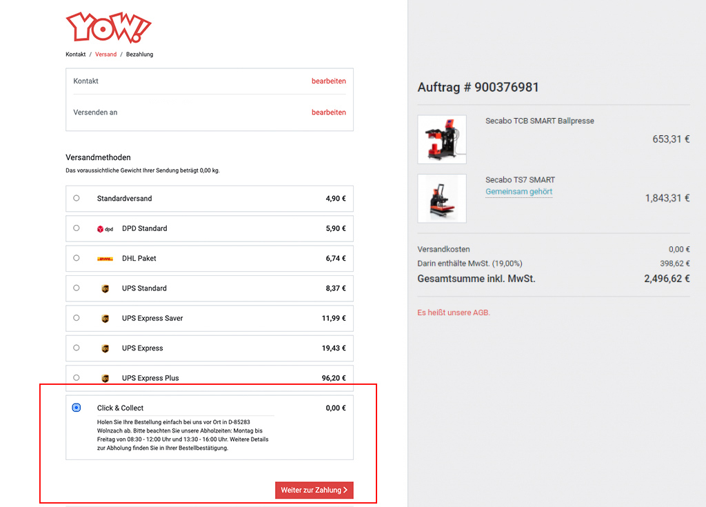 YOW-Checkout, Schritt Versand: Click & Collect für 0,00 € ausgewählt, Abholung in Wolnzach, rot markiert mit Button Weiter zur Zahlung