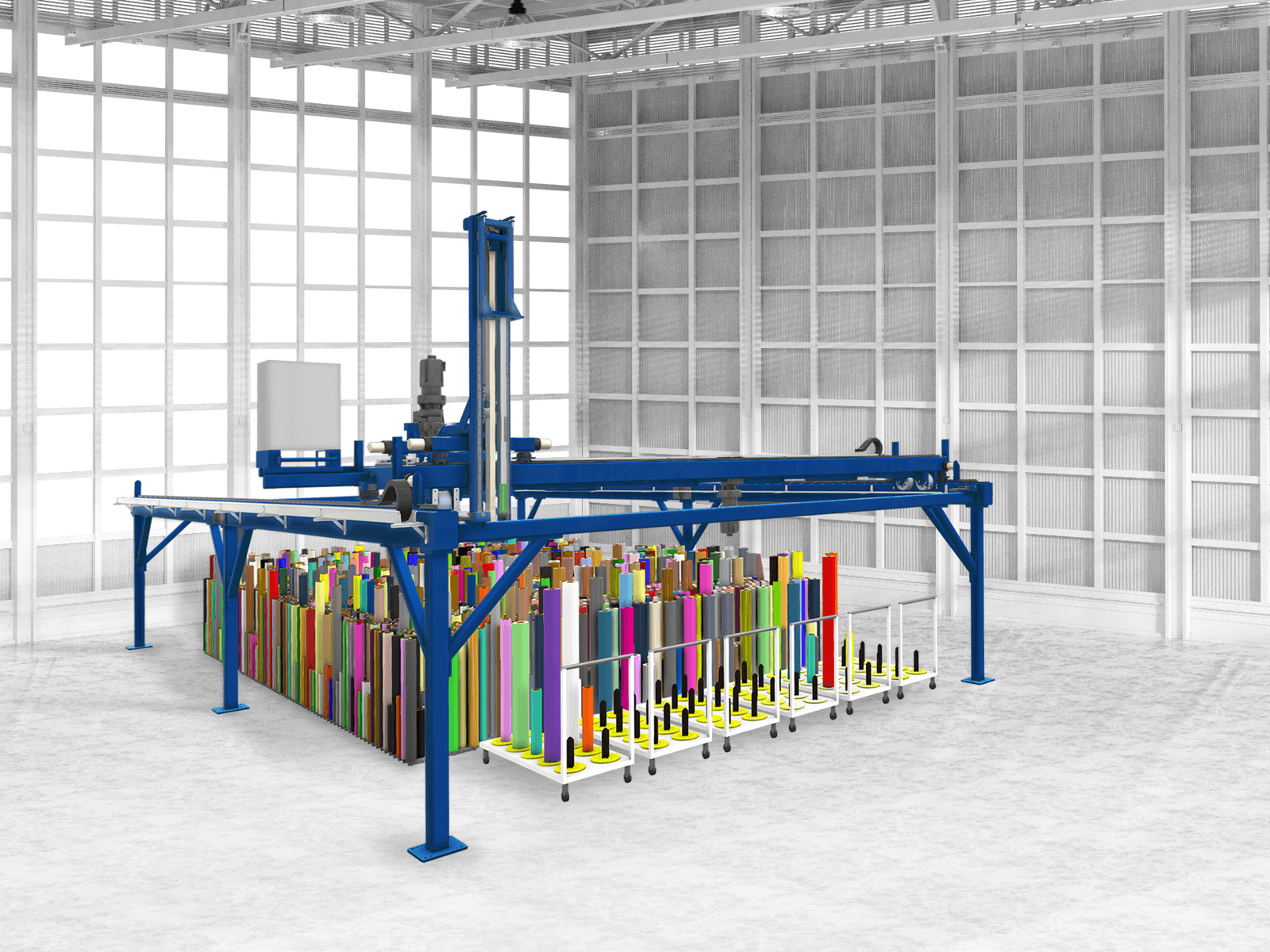 Rendu 3D : système de portails bleus au-dessus d'un entrepôt compact composé de Rouleaux de films vinyle stockés verticalement, avec devant des chariots servant de stations de transfert