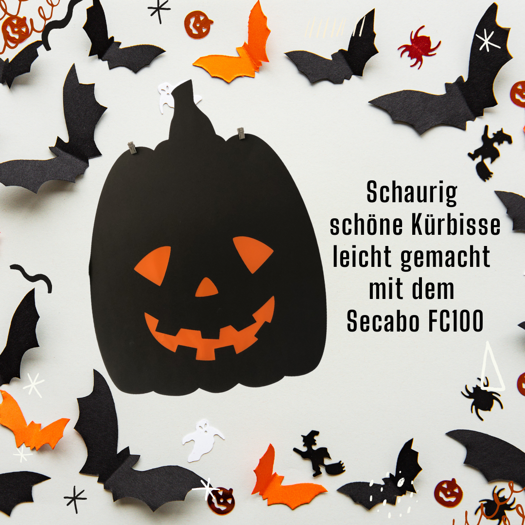 Schwarzer Kürbis aus Folie mit orangem Gesicht, umrahmt von Papierfledermäusen, Text: Schaurig schöne Kürbisse leicht gemacht mit dem Secabo FC100