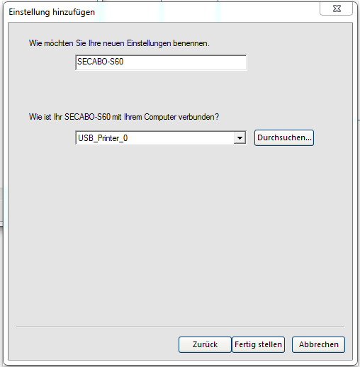 FlexiStarter-Dialog Einstellung hinzufügen: Name SECABO-S60, als Anschluss des Schneideplotters ist USB_Printer_0 ausgewählt