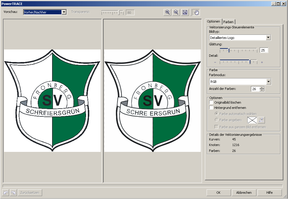 CorelDraw PowerTRACE: Wappen des SV Fronberg Schreiersgrün vor und nach der Vektorisierung, im Ergebnis fehlen das I und Umlautpunkte